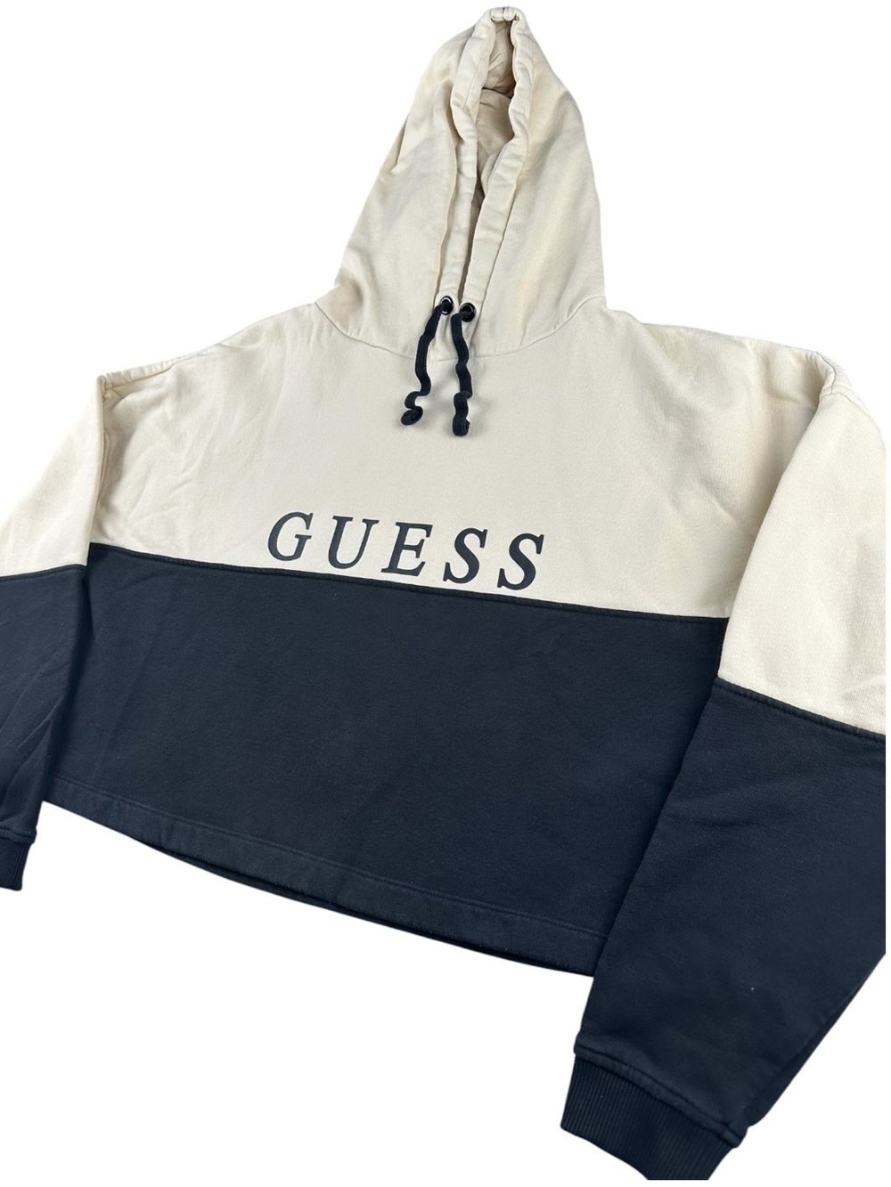 GUESS Colorblock Cropped Logo Hoodie Cream Black Sweatshirt Small - Picture 3 of 9